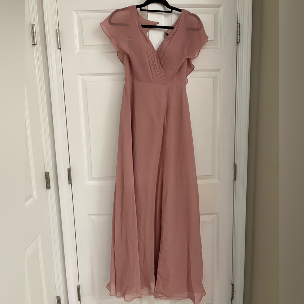 Azazie Pink Flutter Sleeve Maxi Dress for Weddings